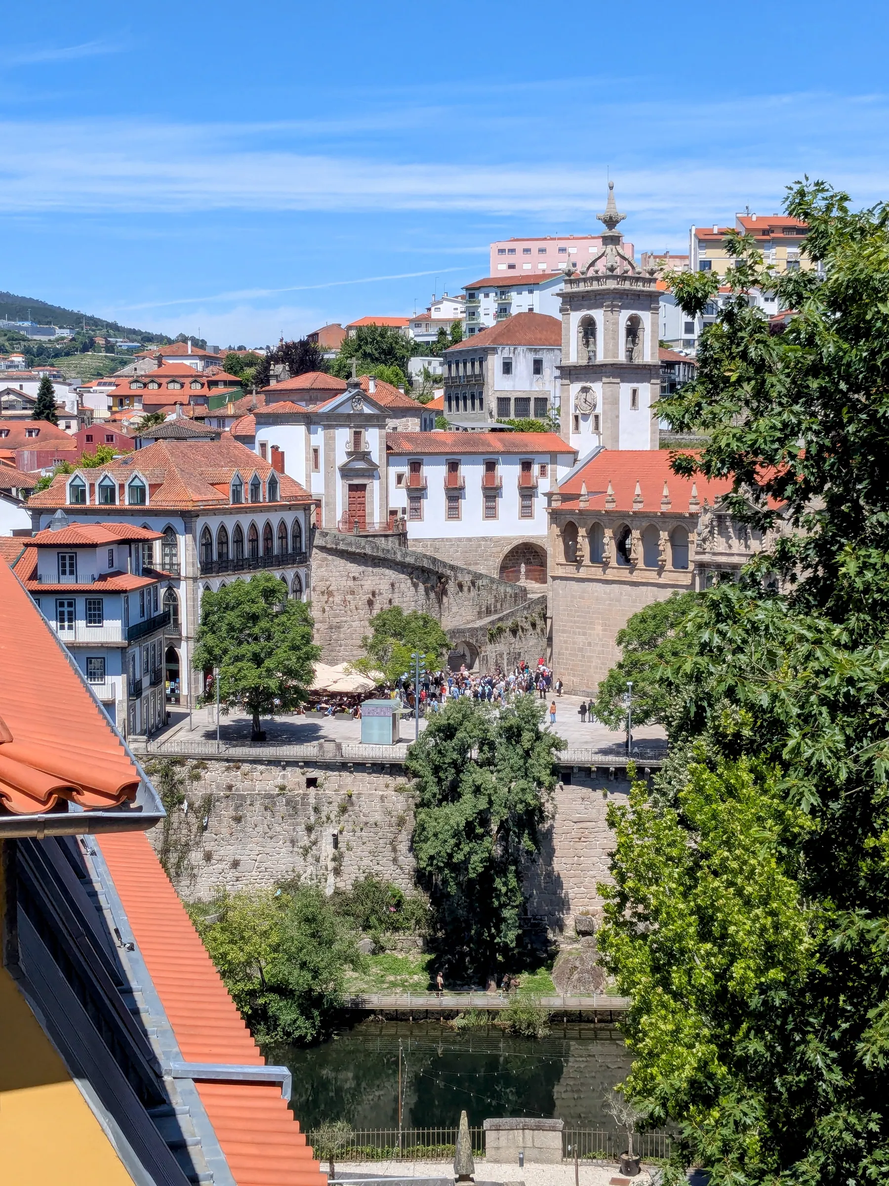 The São Gonçalo Church area and riverside buildings in Amarante from above