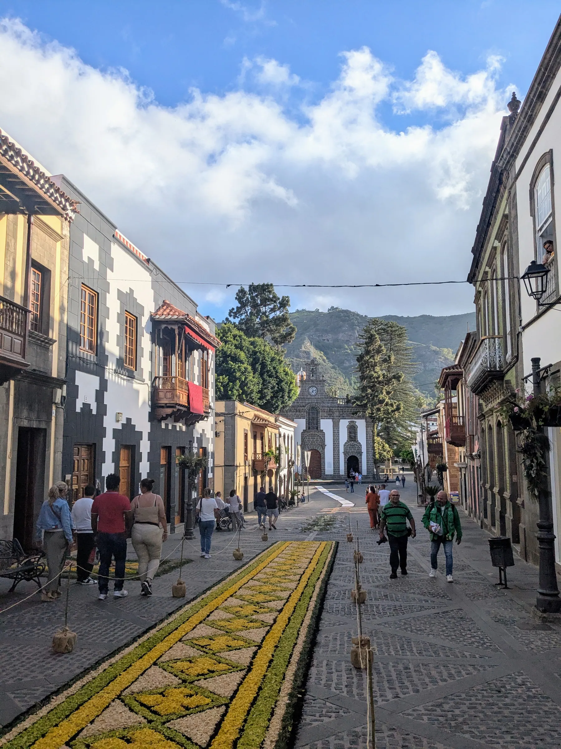 A Teror street decorated with flower carpets for Corpus Christi