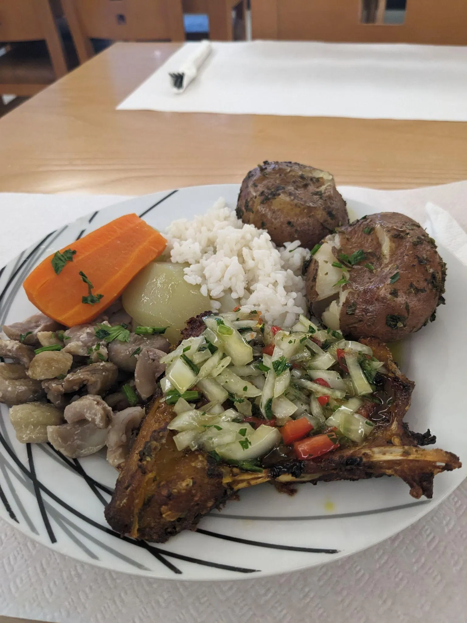 Roast chicken, rice and vegetables at a local restaurant in Madeira