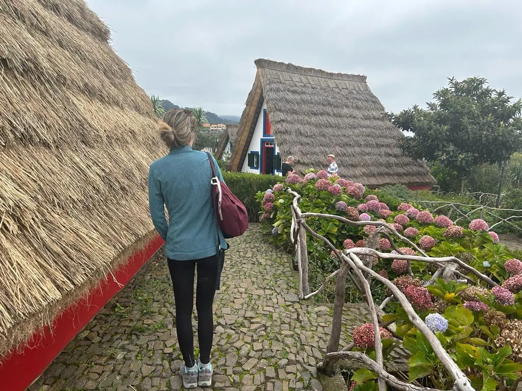 A traditional triangular thatched house in Santana, Madeira