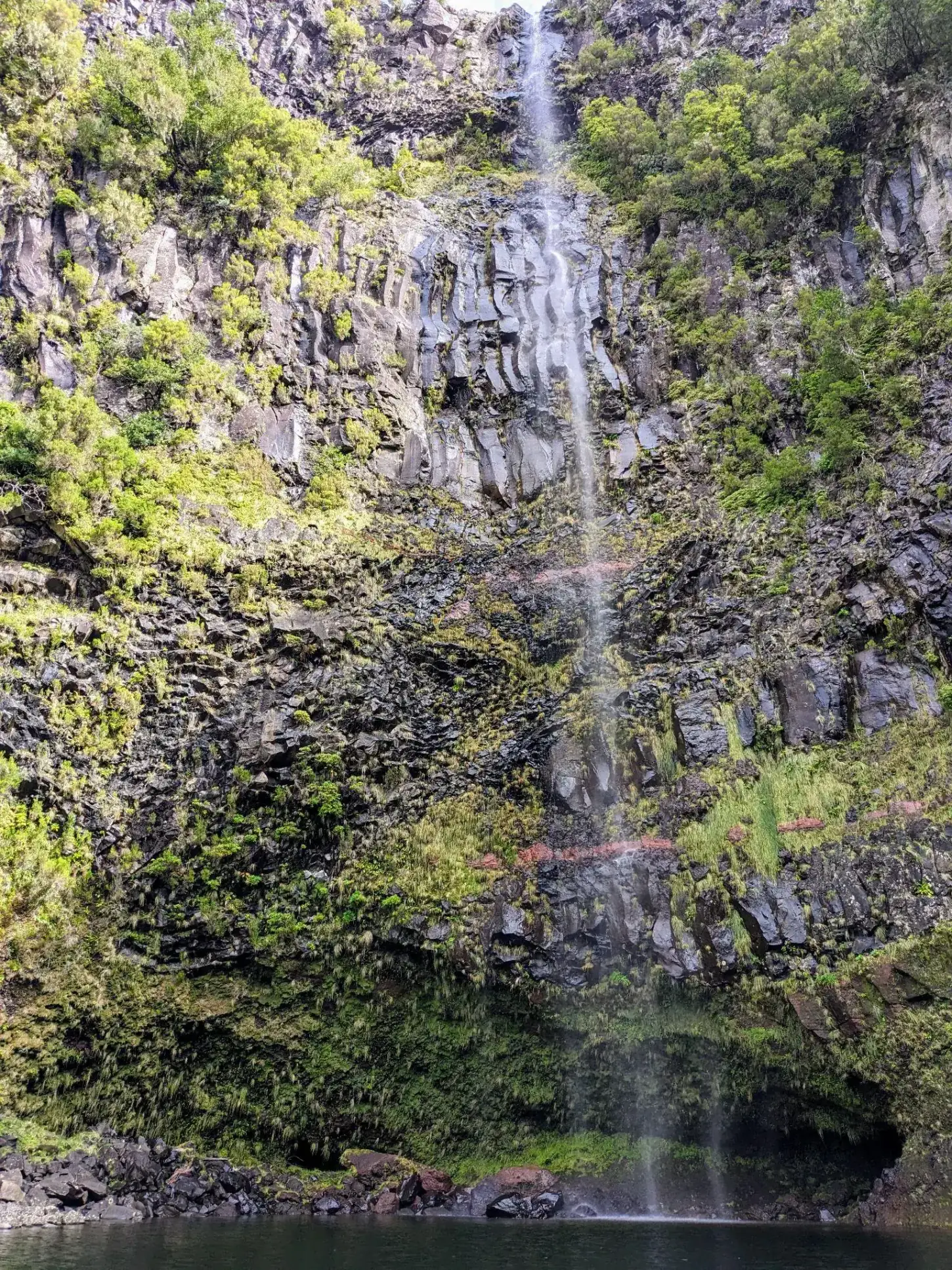 Tall waterfall dropping down mossy rock on a Madeira levada walk