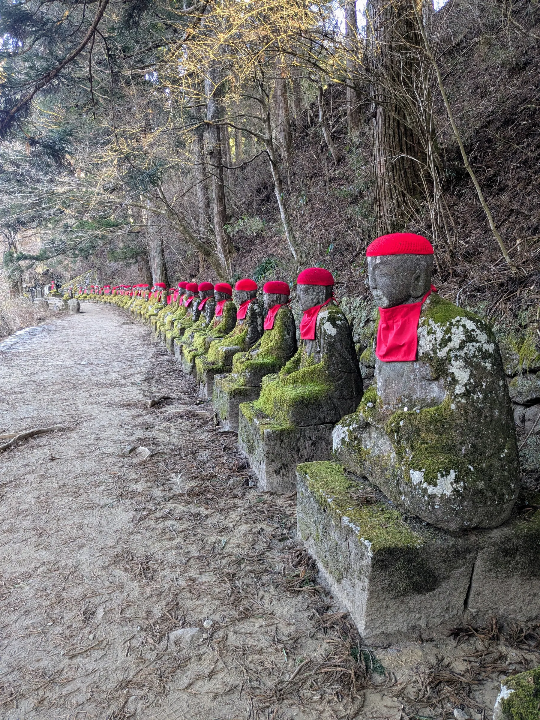 Stone Jizō statues wearing red caps along Kanmangafuchi Abyss