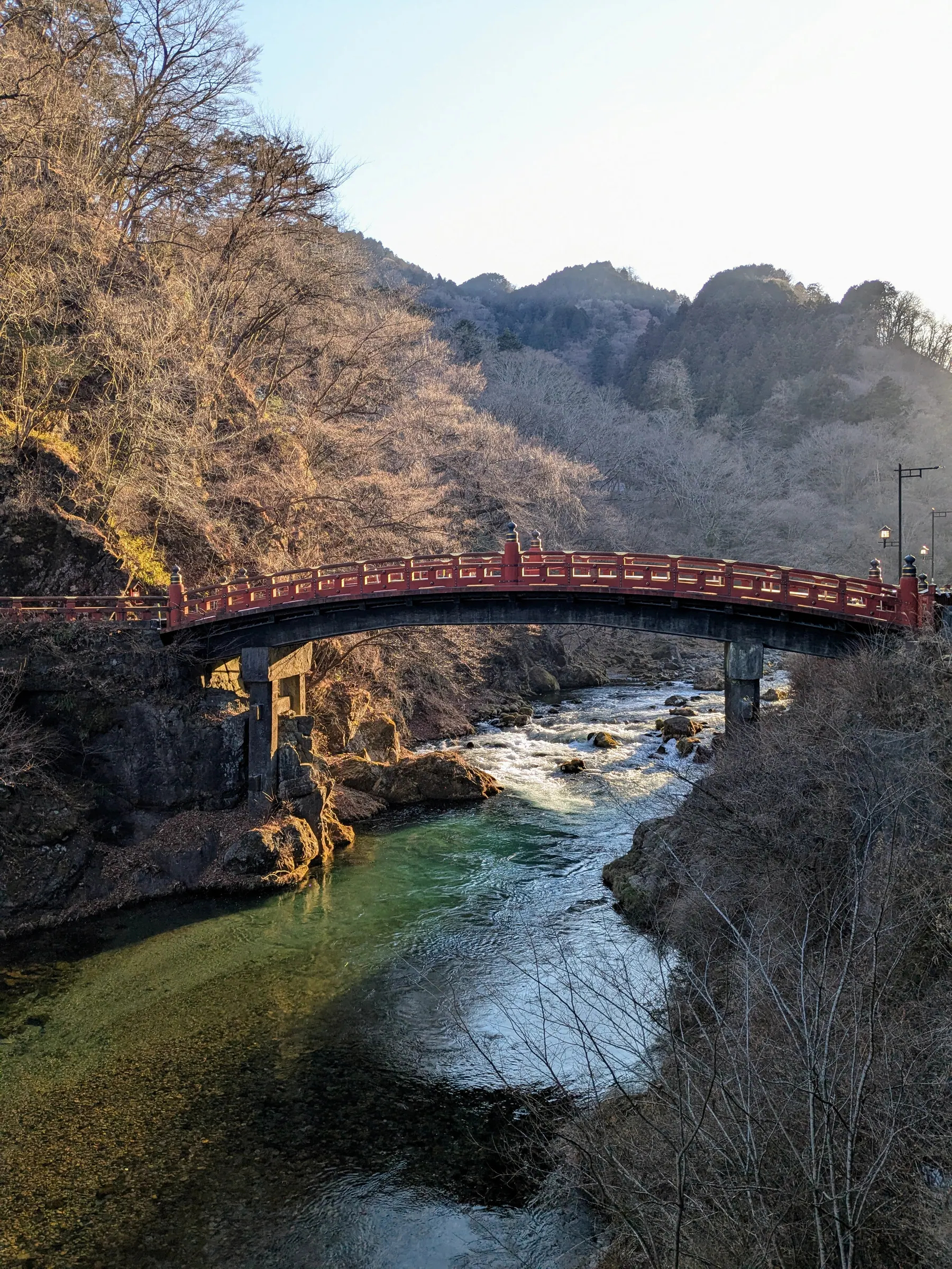 The red Shinkyo Bridge over the Daiya River in Nikko