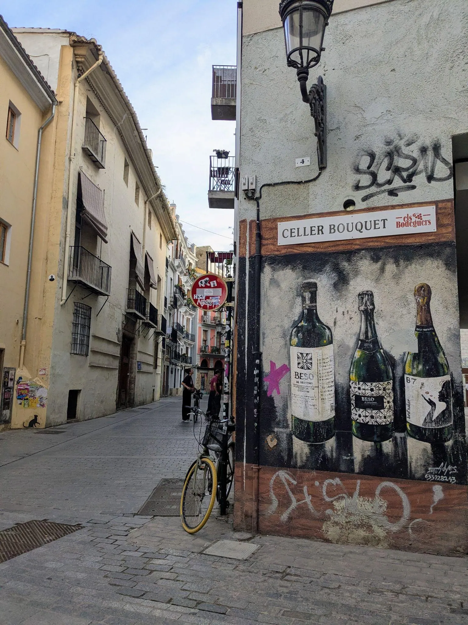Narrow street in El Carmen with wine bottle wall mural, bicycle, and urban street art