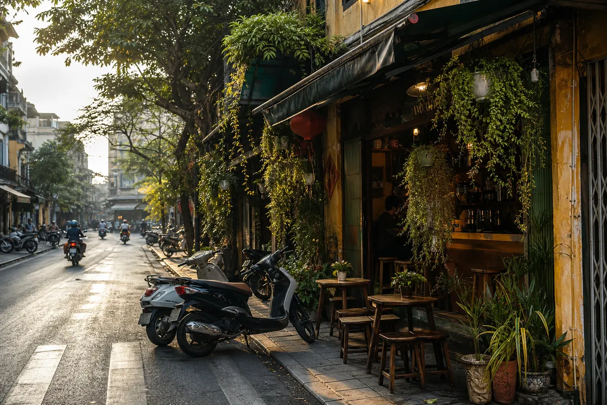 Hanoi street with a small cafe, plants, and scooters at sunrise